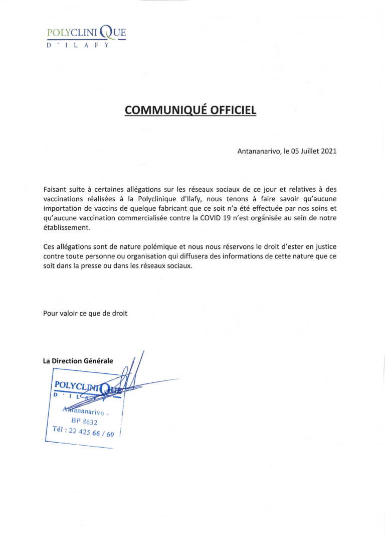 communique officiel polyclinique ilafy